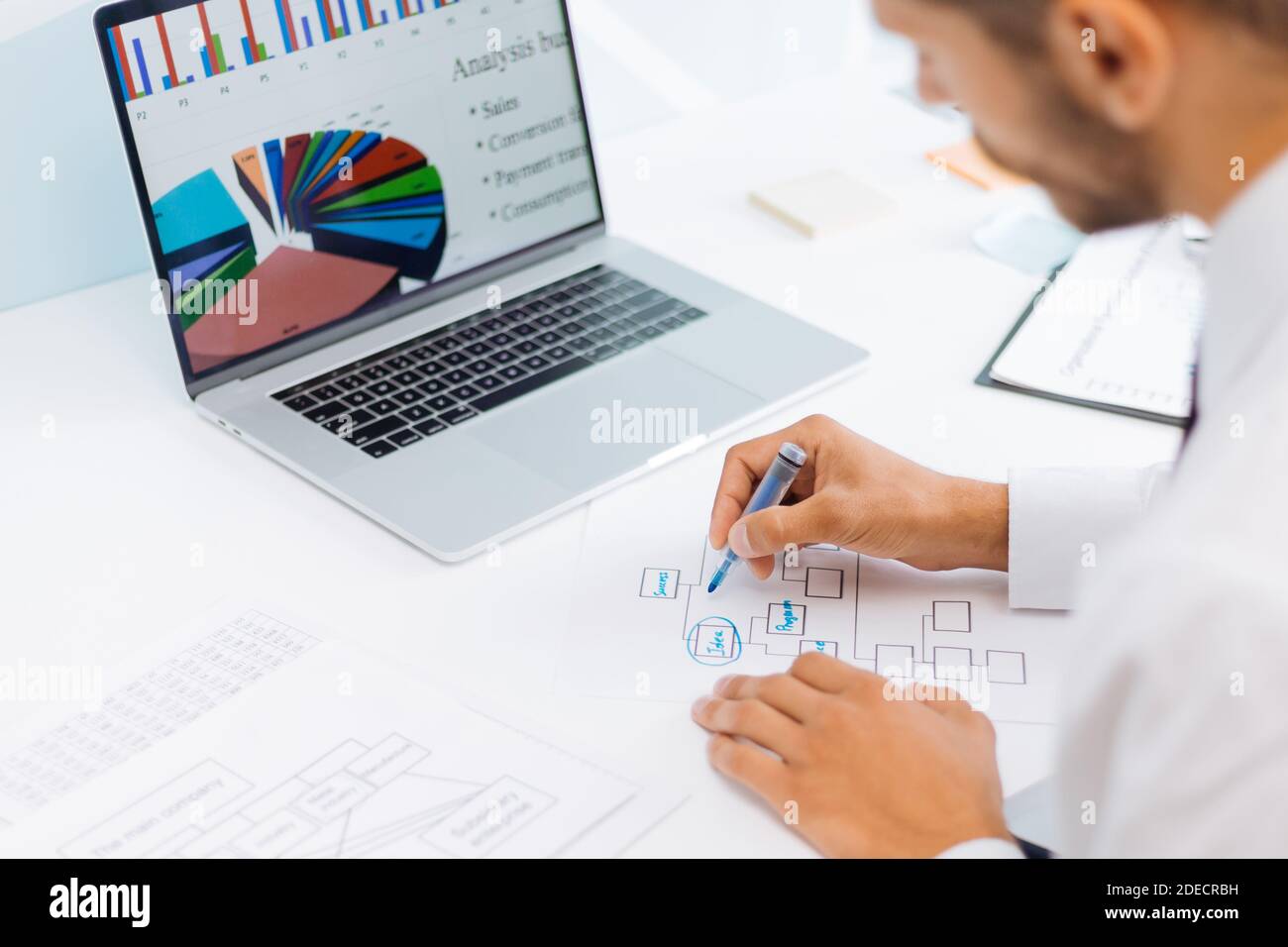 businessman analyzing financial data and making a marketing plan. Stock Photo