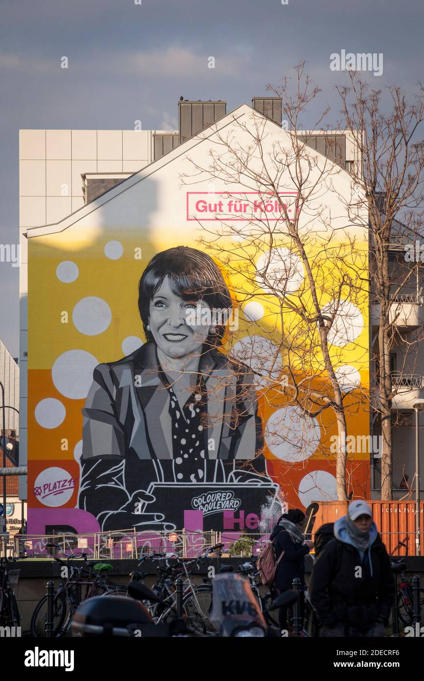 the mayor Henriette Reker as large graffiti on a house wall on Severinstrasse by artist collective Coloured Boulevard,  Cologne, Germany.  die Oberbue Stock Photo