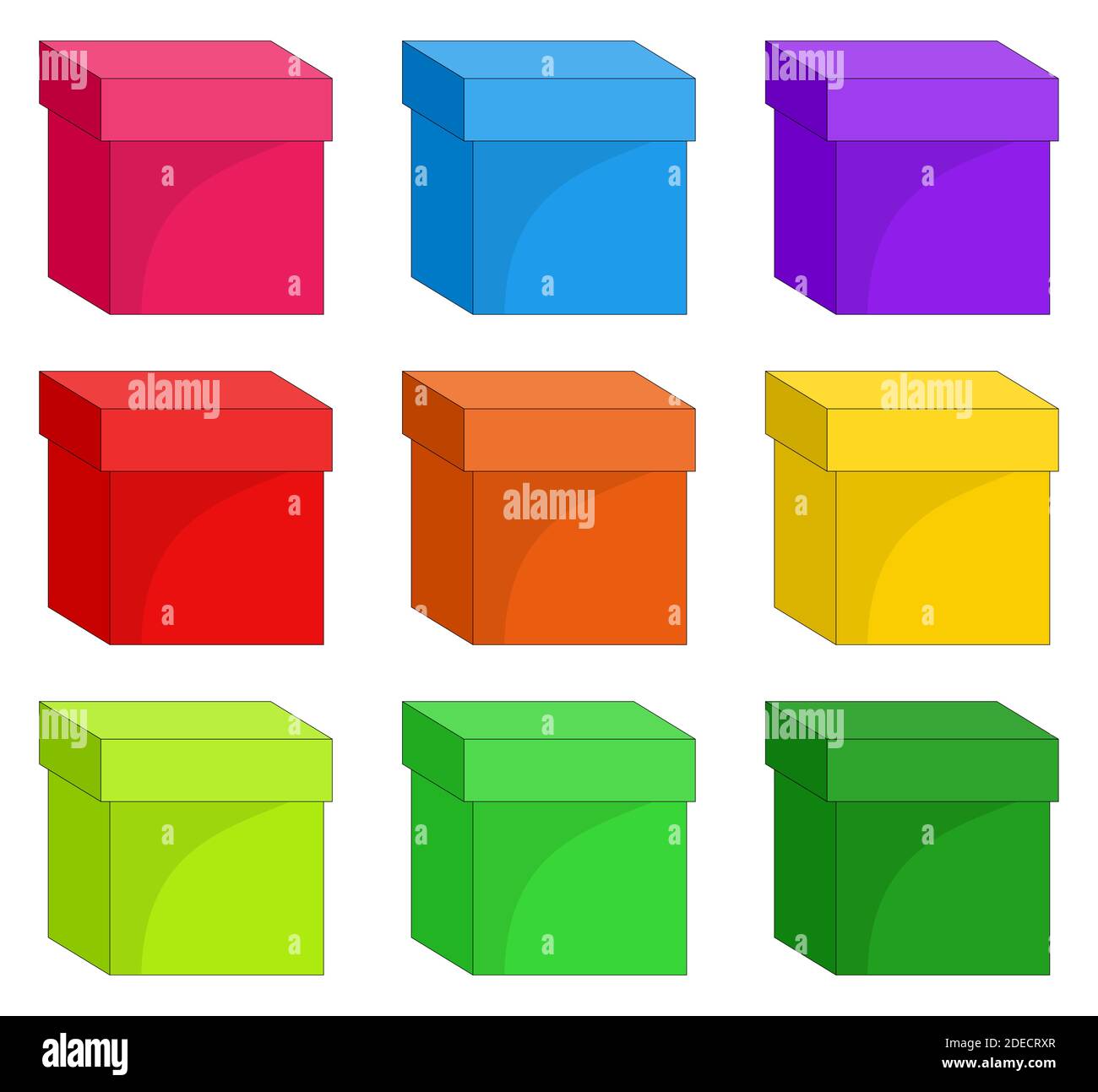 Boxes set. Collection of colorful closed warehouse cardboard box. Color image of package. Vector illustration of paper cubes isolated on white. Empty Stock Vector
