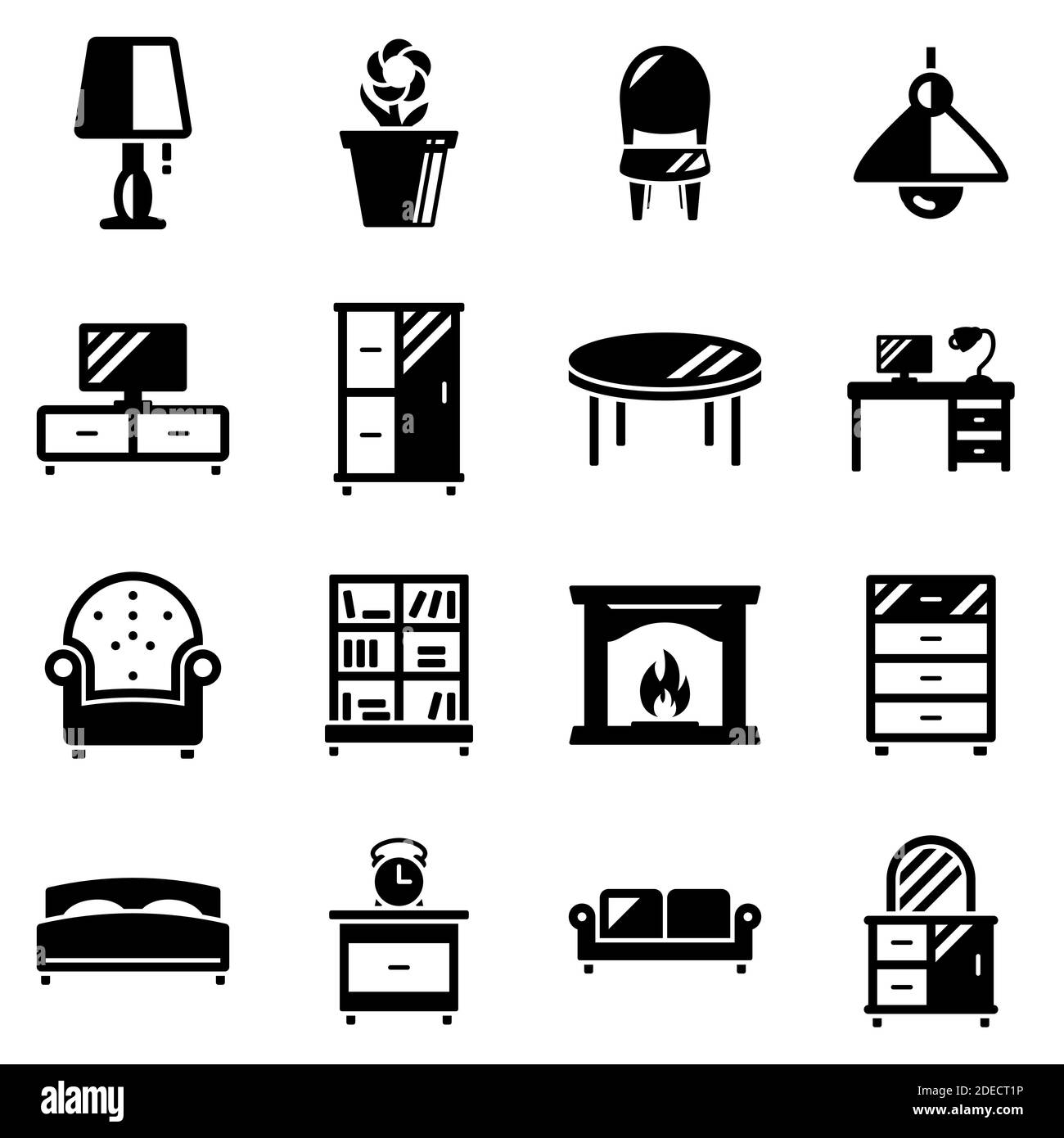 Set of simple icons on a theme Furniture, house, interior, vector, design, flat, sign, symbol, object, illustration. Black icons isolated against whit Stock Vector