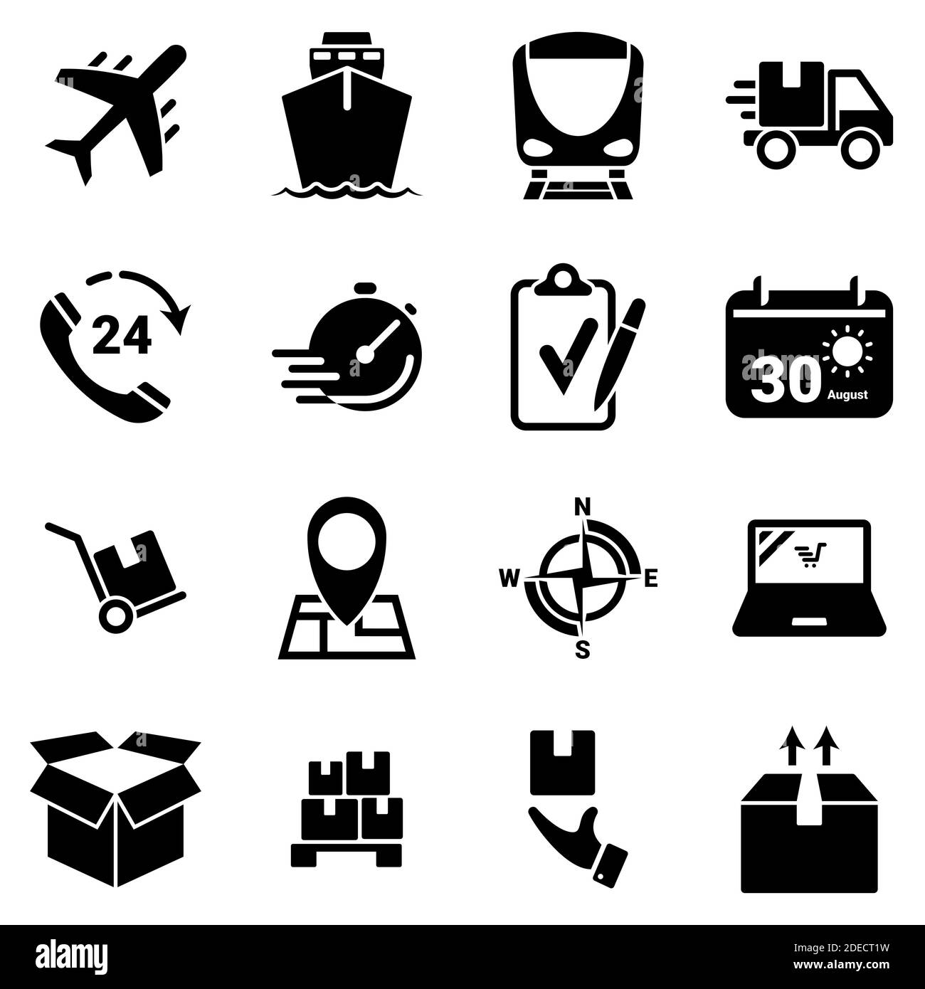 Set of simple icons on a theme Transportation, logistics, cargo, vector, design, flat, sign, symbol,element, object, illustration. Black icons isolate Stock Vector