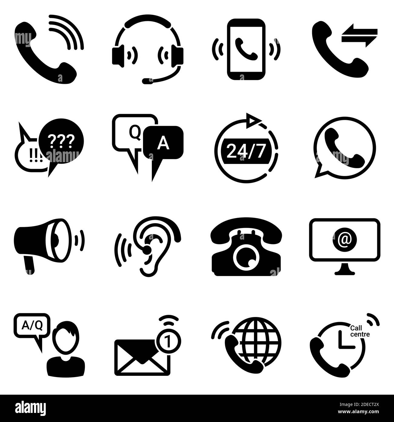 Set of simple icons on a theme Technical support, service, questions, answers, communication, office, internet, marketing, advertising, vector, set. B Stock Vector