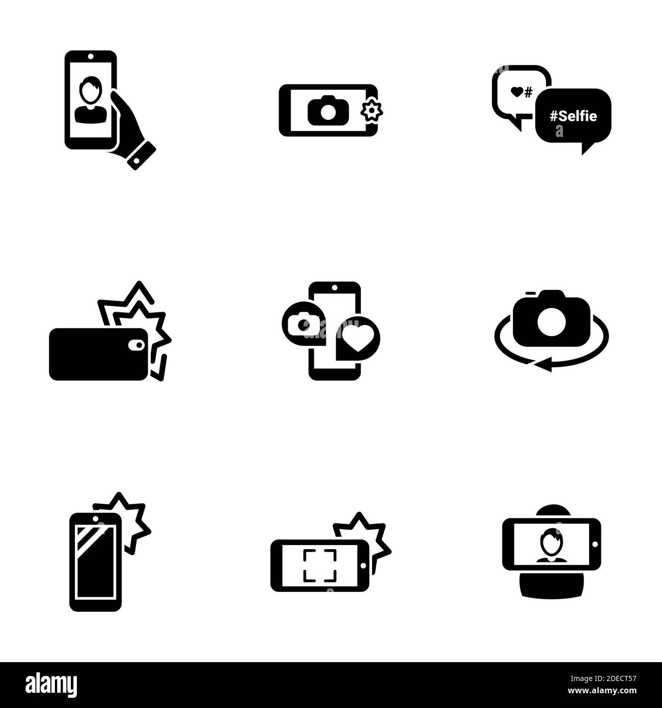 Set of simple icons on a theme Self, photo, camera, phone, mobile, interaction, technology, vector, set. Black icons isolated against white background Stock Vector