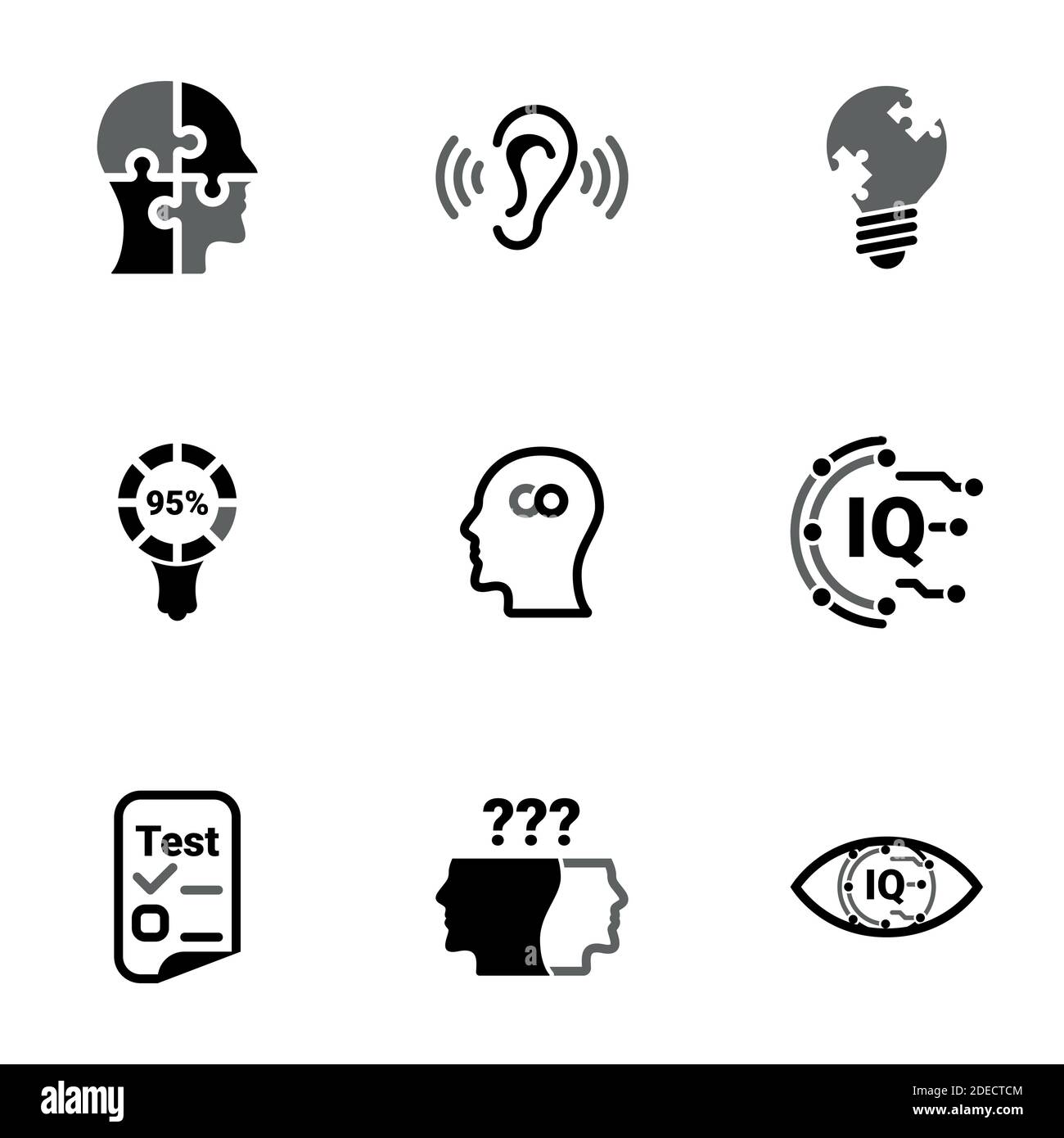 Set of simple icons on a theme Intellect, research, mind, brain, person, vector, set. Black icons isolated against white background Stock Vector
