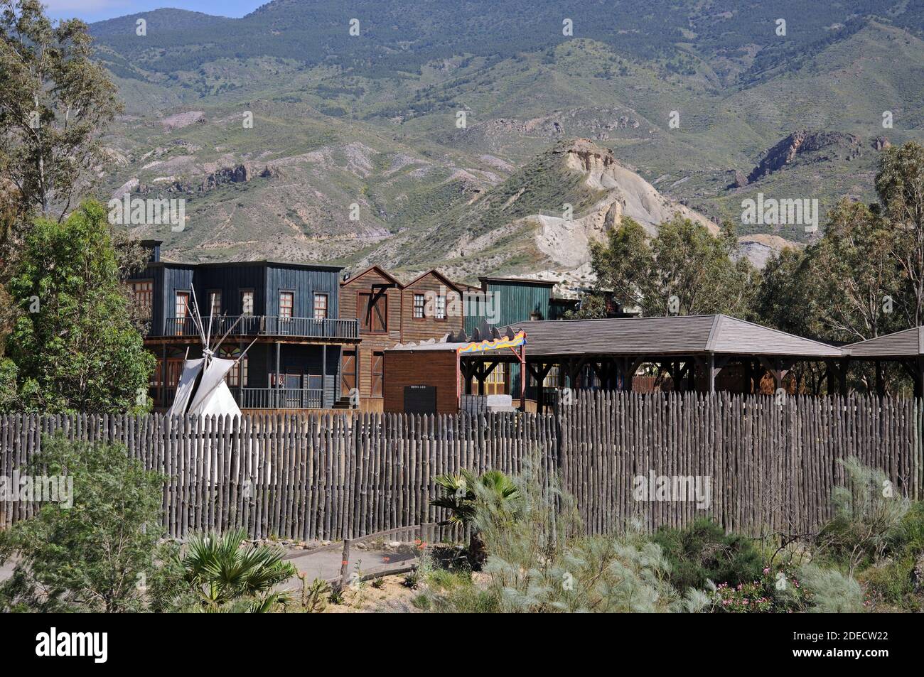 View of Fort Apache at Mini Hollywood with mountains to the rear, Tabernas, Almeria Province, Andalucia, Spain, Europe Stock Photo