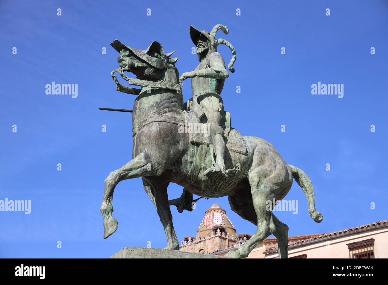 Trujillo. Plaza Major. Statue of Francisco Pizarro, conquistador of Peru. Province of Caceres, Extremadura, Spain. Renaissance/medieval architecture. Stock Photo