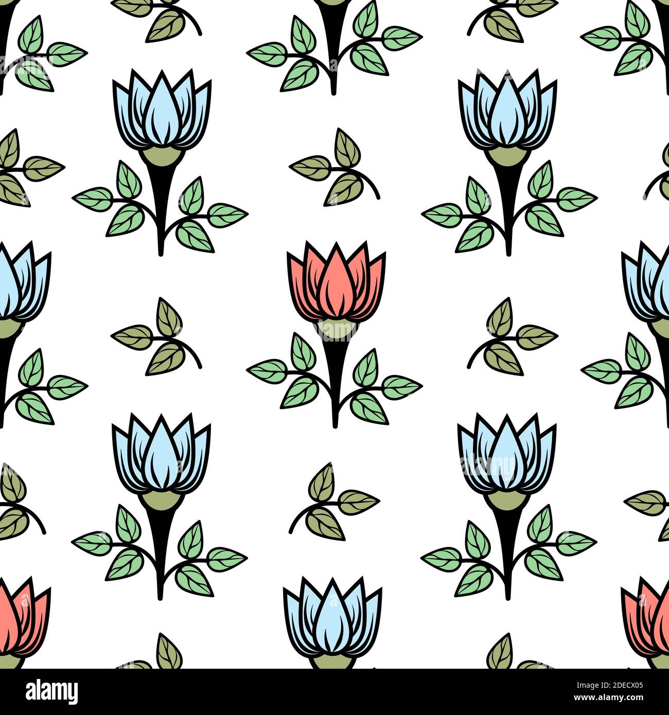 Floral seamless pattern, stylish colorful blooming background. Cute pink and blue flower buds on stems with green leaves on white backdrop. For fabric Stock Vector