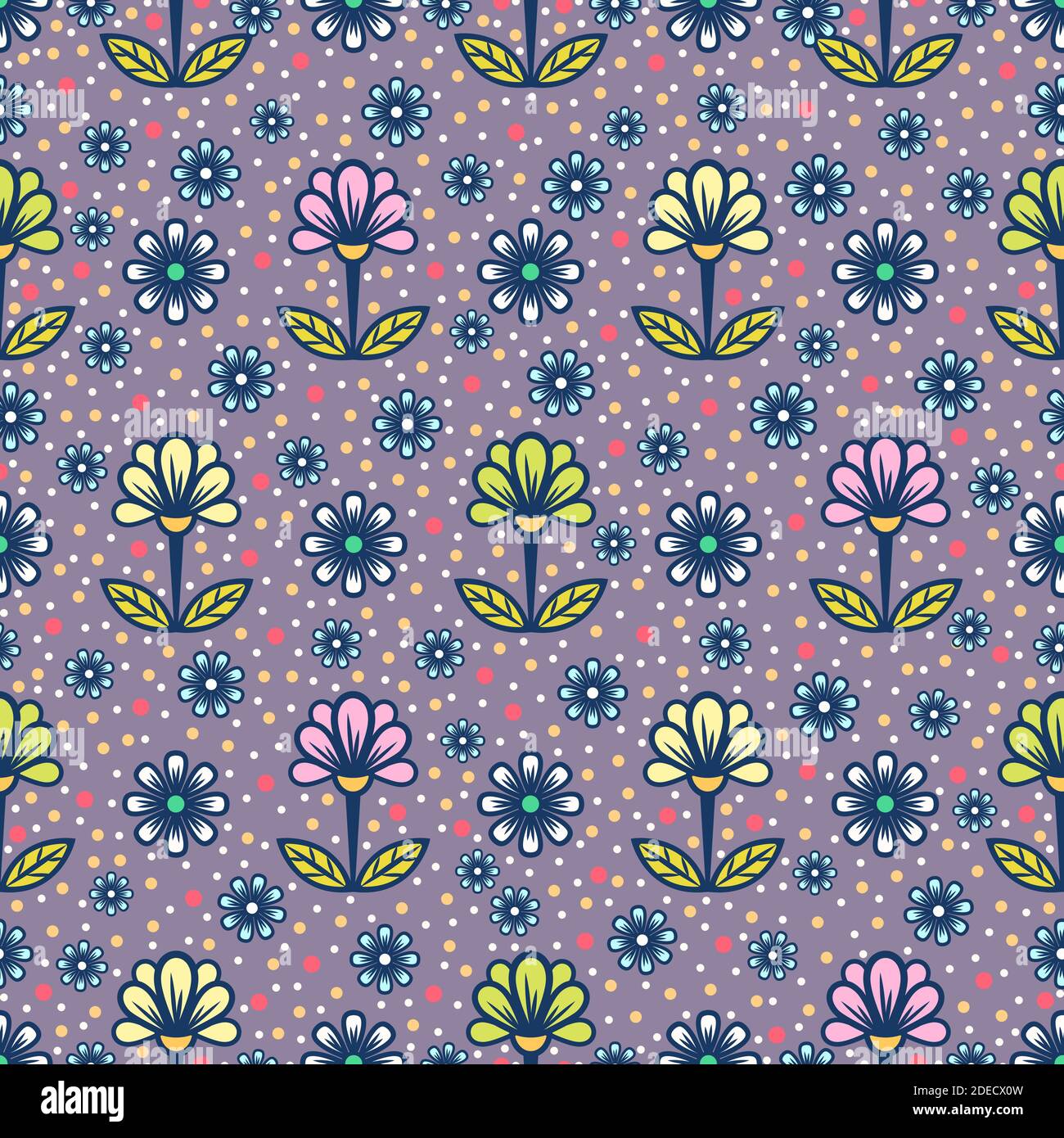 Floral seamless pattern, abstract colorful background. Cute multicolored flower with petals on stems with leaves on purple speckled backdrop . For Stock Vector