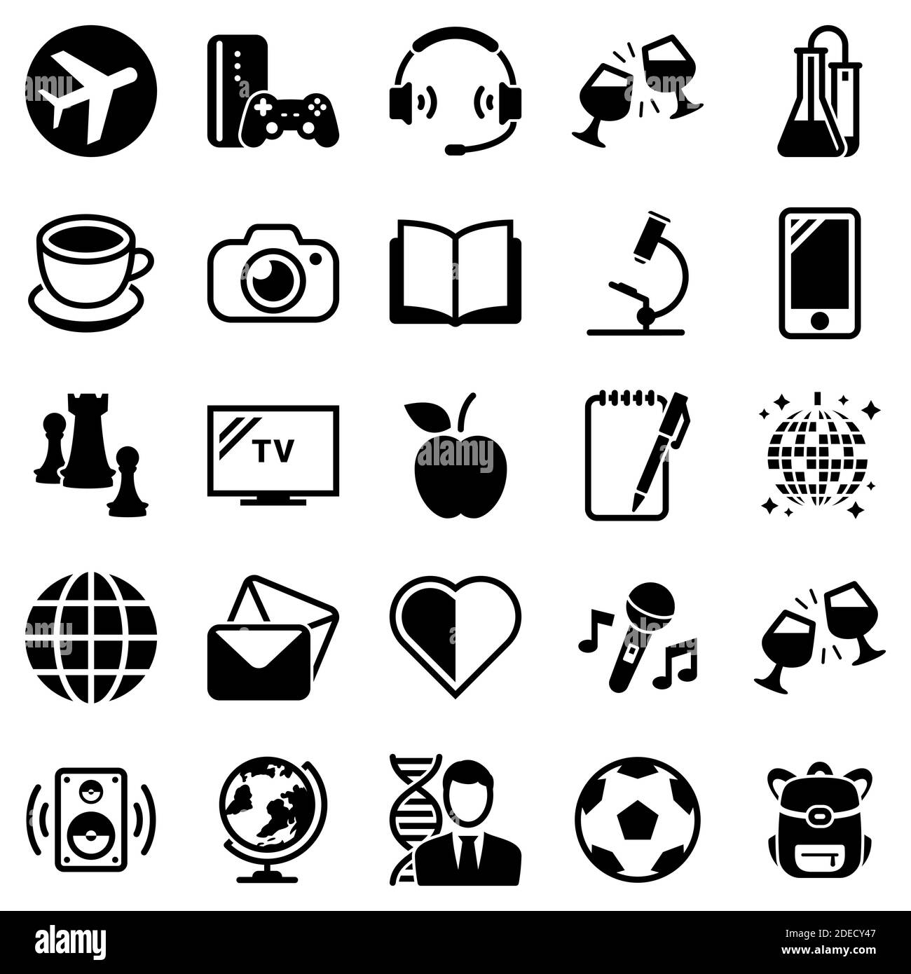 Set of simple icons on a theme Hobbies, entertainment, vector, design, collection, flat, sign, symbol,element, object, illustration. Black icons isola Stock Vector