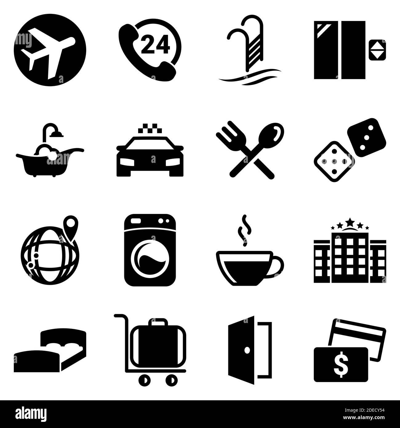 Set of simple icons on a theme Hotel, overnight, moving, vector, design, collection, flat, sign, symbol,element, object, illustration. Black icons iso Stock Vector