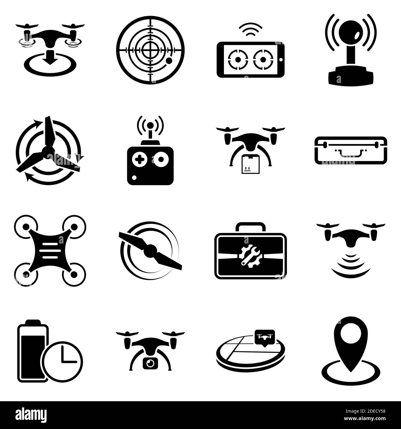Set of simple icons on a theme drone, vector, design, collection, flat, sign, symbol,element, object, illustration. Black icons isolated against white Stock Vector