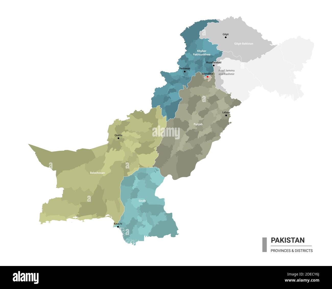 Pakistan higt detailed map with subdivisions. Administrative map of Pakistan with districts and cities name, colored by states and administrative dist Stock Vector