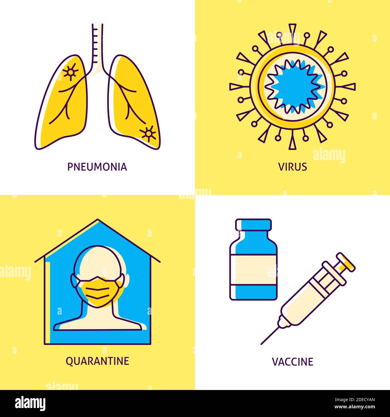Coronavirus infection icon set in line style. Lungs with pneumonia ...