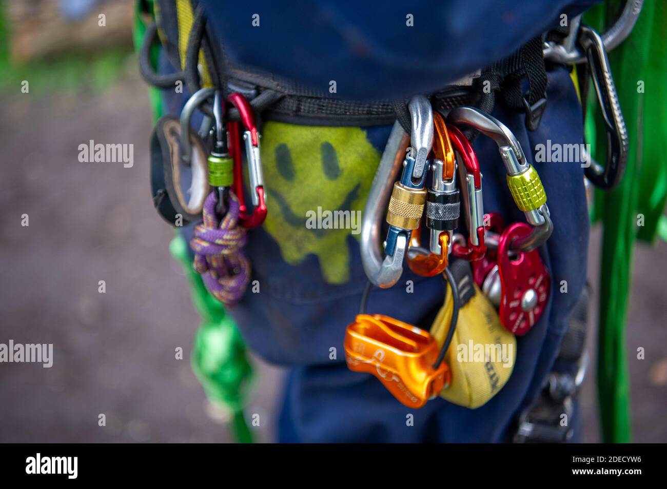 Denham, Buckinghamshire, UK. 27th November, 2020. A young male anti HS2 environmental activist's climbing gear. They are trying to protect the trees from the chainsaws of HS2. The controversial High Speed rail puts 693 wildlife sites, 33 SSSIs and 108 ancient woodlands at risk. Credit: Maureen McLean/Alamy Stock Photo