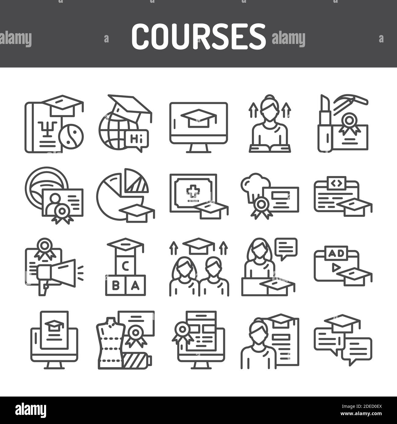 Courses training black line icons set. Outline pictograms for web page, mobile app, promo. Stock Vector