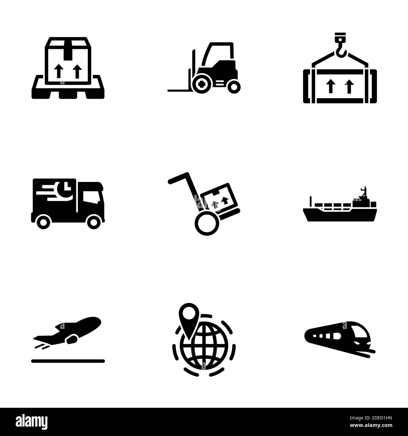 Set of black icons isolated on white background, on theme Logistics and shipping Stock Vector