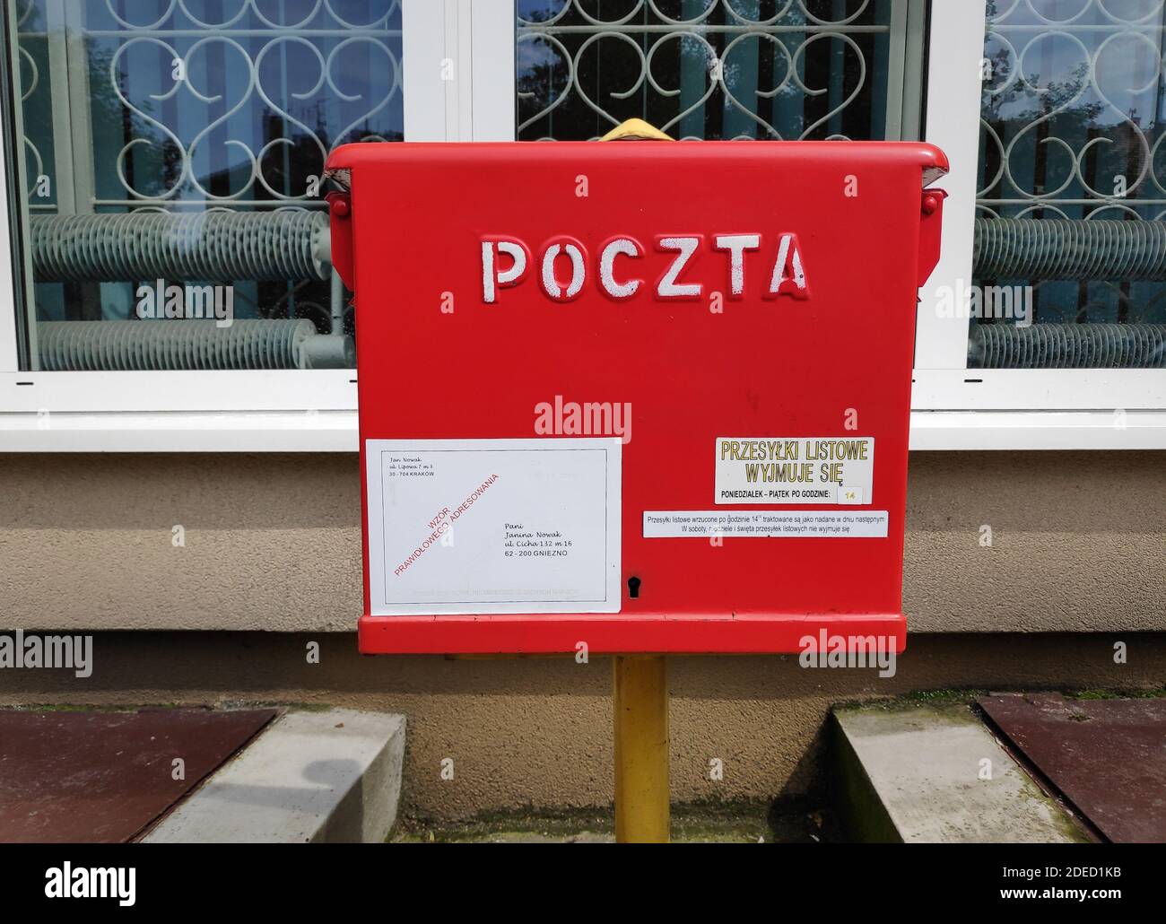 BYTOM, POLAND - JUNE 26, 2020: Public mail box in Bytom, Poland. Poczta Polska is the national post service operator in Poland. Stock Photo