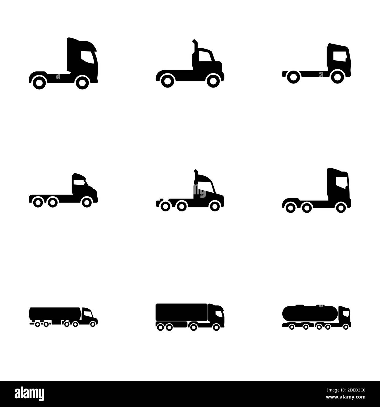 Set of black icons isolated on white background, on theme Trucks, side view Stock Vector
