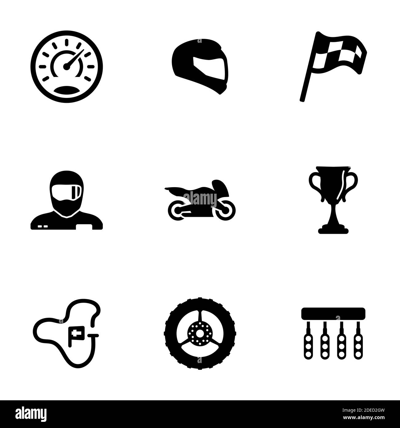 Set of black icons isolated on white background, on theme Motorcycle race Stock Vector