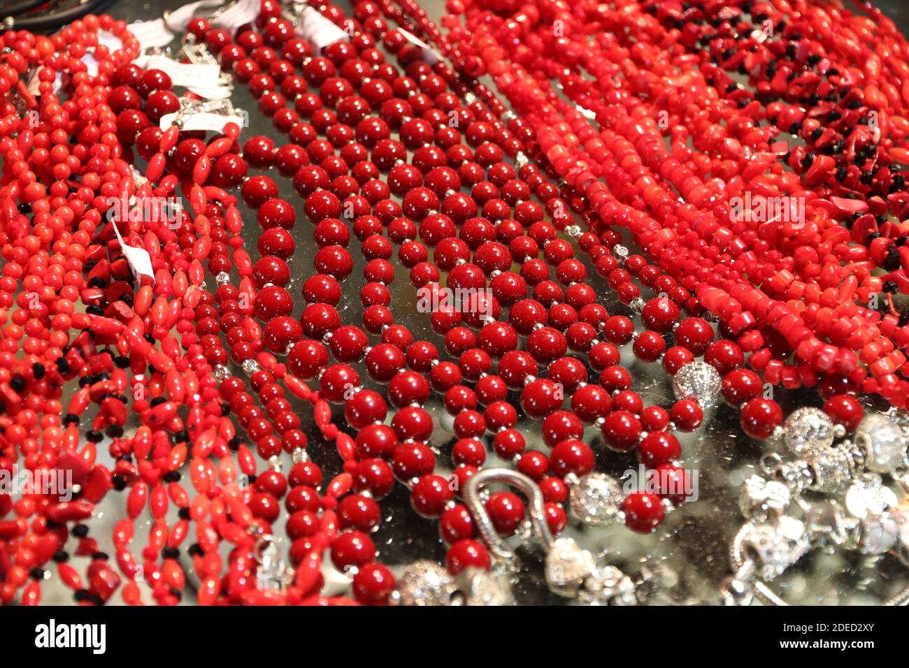 Coral jewellery in Croatia. Jewelry store window display in Split