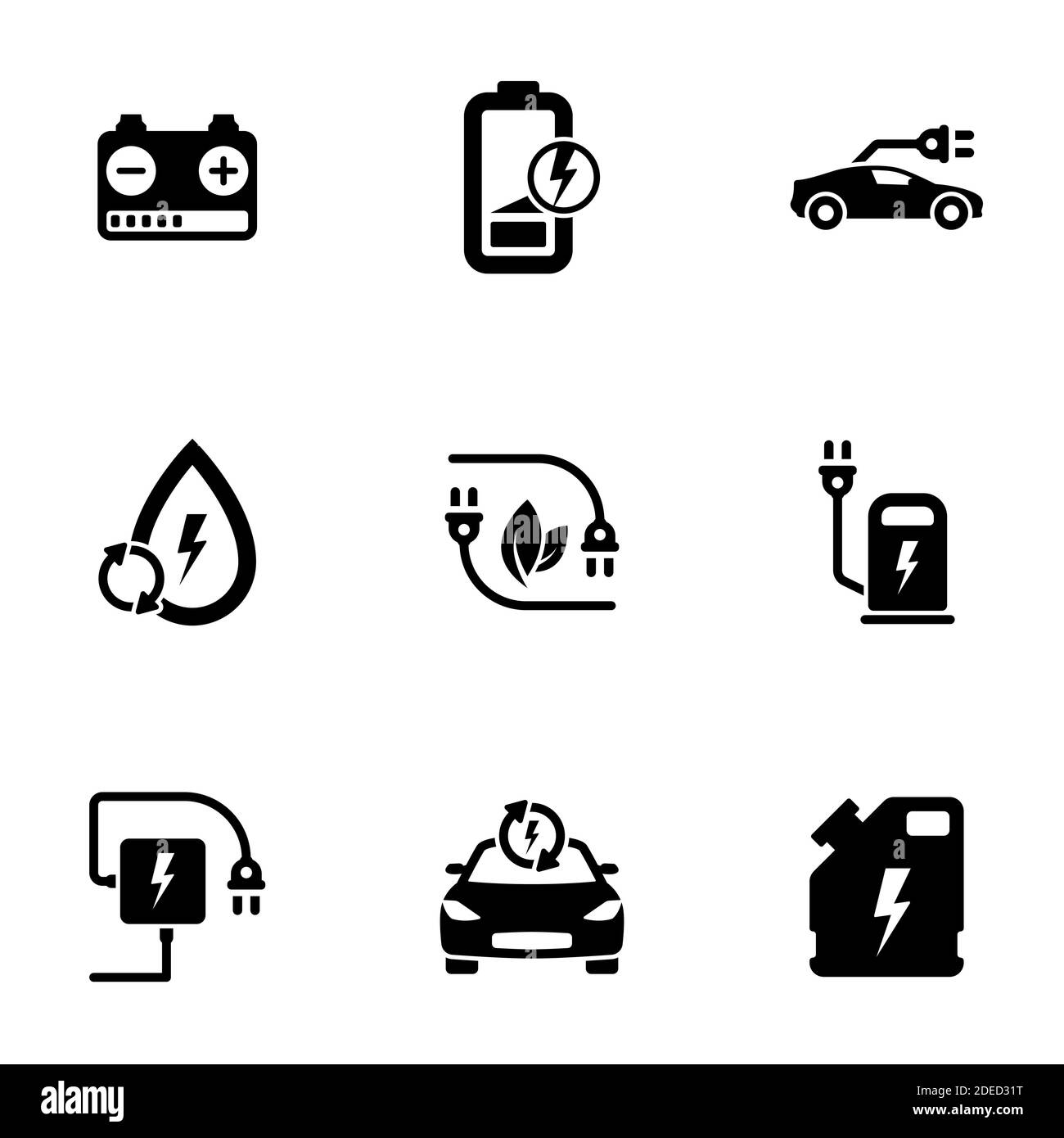 Set of black icons isolated on white background, on theme Electric car Stock Vector