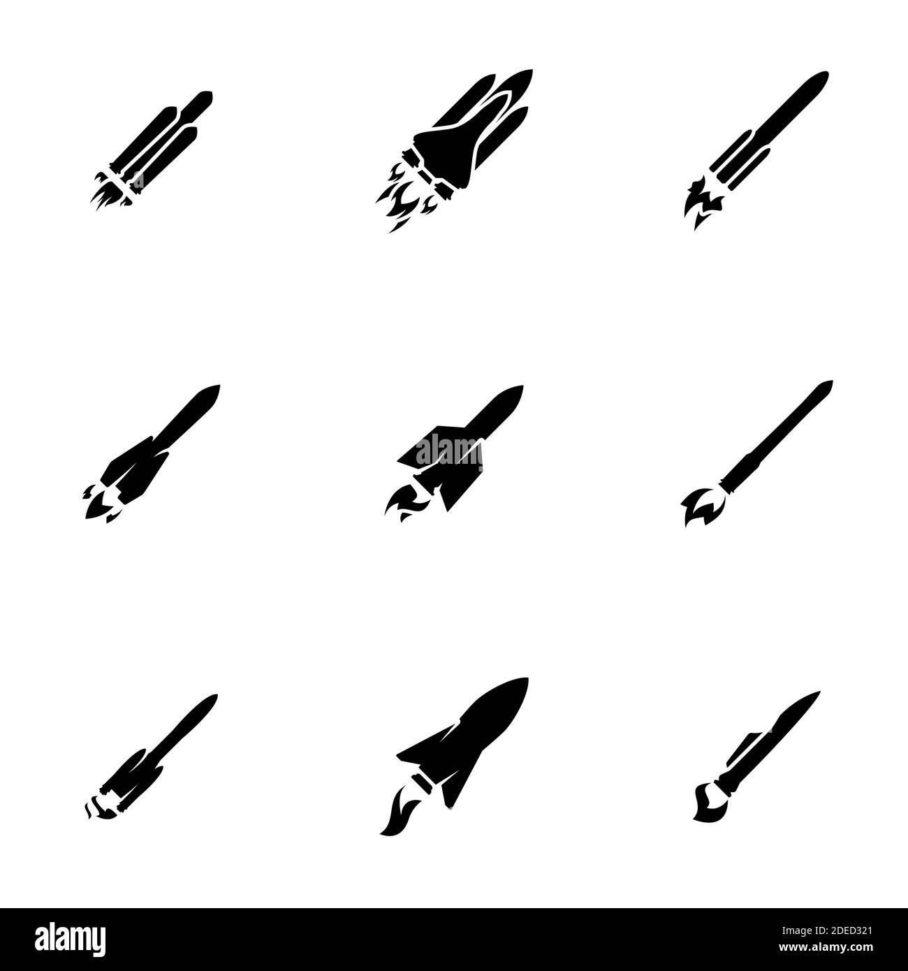 Set of black icons isolated on white background, on theme Rocket Stock Vector