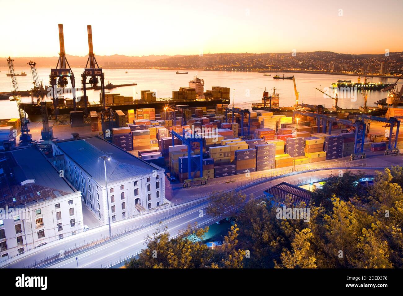Valparaiso, Valparaiso region, Chile, South America - View of the port of Valparaiso facilities before sunrise. Stock Photo