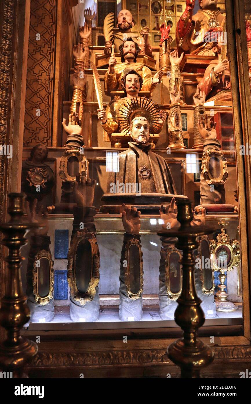 LISBON, PORTUGAL - JUNE 6, 2018: Holy relics collection in Altar of the Holy Martyrs in Church of Saint Roch (Igreja de Sao Roque), Lisbon, Portugal. Stock Photo