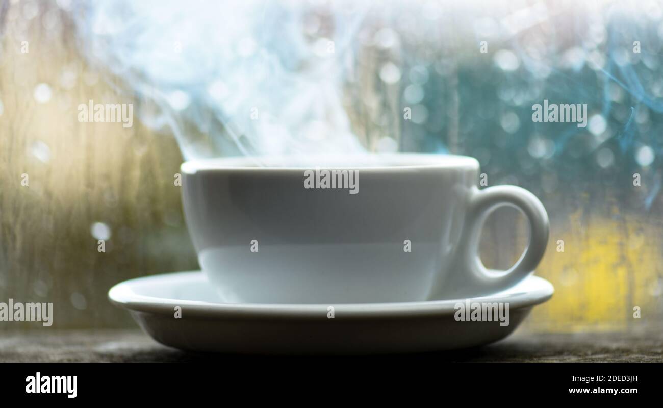 Enjoying Coffee On Rainy Day Fresh Brewed Coffee In White Cup Or Mug On Windowsill Coffee Time On Rainy Day Wet Glass Window And Cup Of Hot Coffee Autumn Cloudy Weather Better