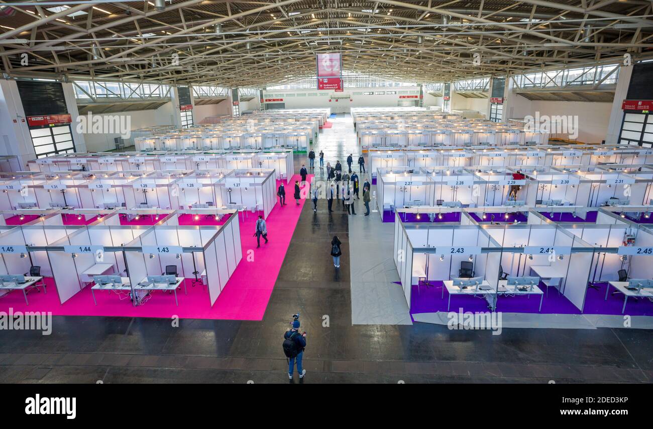 Munich, Germany. 30th Nov, 2020. View of the workplaces in the still empty Contact Tracing Center that was set up in the Messe Riem. Credit: Peter Kneffel/dpa/Alamy Live News Stock Photo