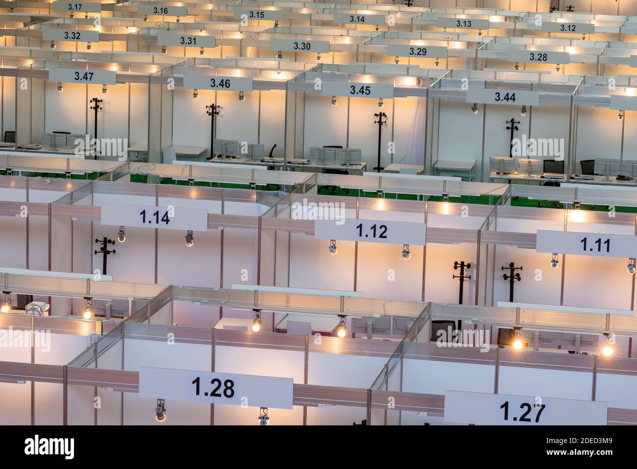 Munich, Germany. 30th Nov, 2020. View of the workplaces in the still empty Contact Tracing Center that was set up in the Messe Riem. Credit: Peter Kneffel/dpa/Alamy Live News Stock Photo