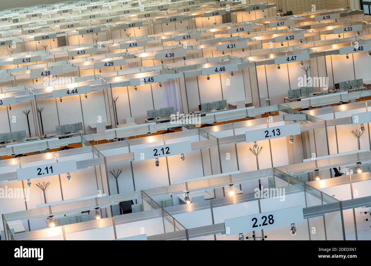 Munich, Germany. 30th Nov, 2020. View of the workplaces in the still empty Contact Tracing Center that was set up in the Messe Riem. Credit: Peter Kneffel/dpa/Alamy Live News Stock Photo