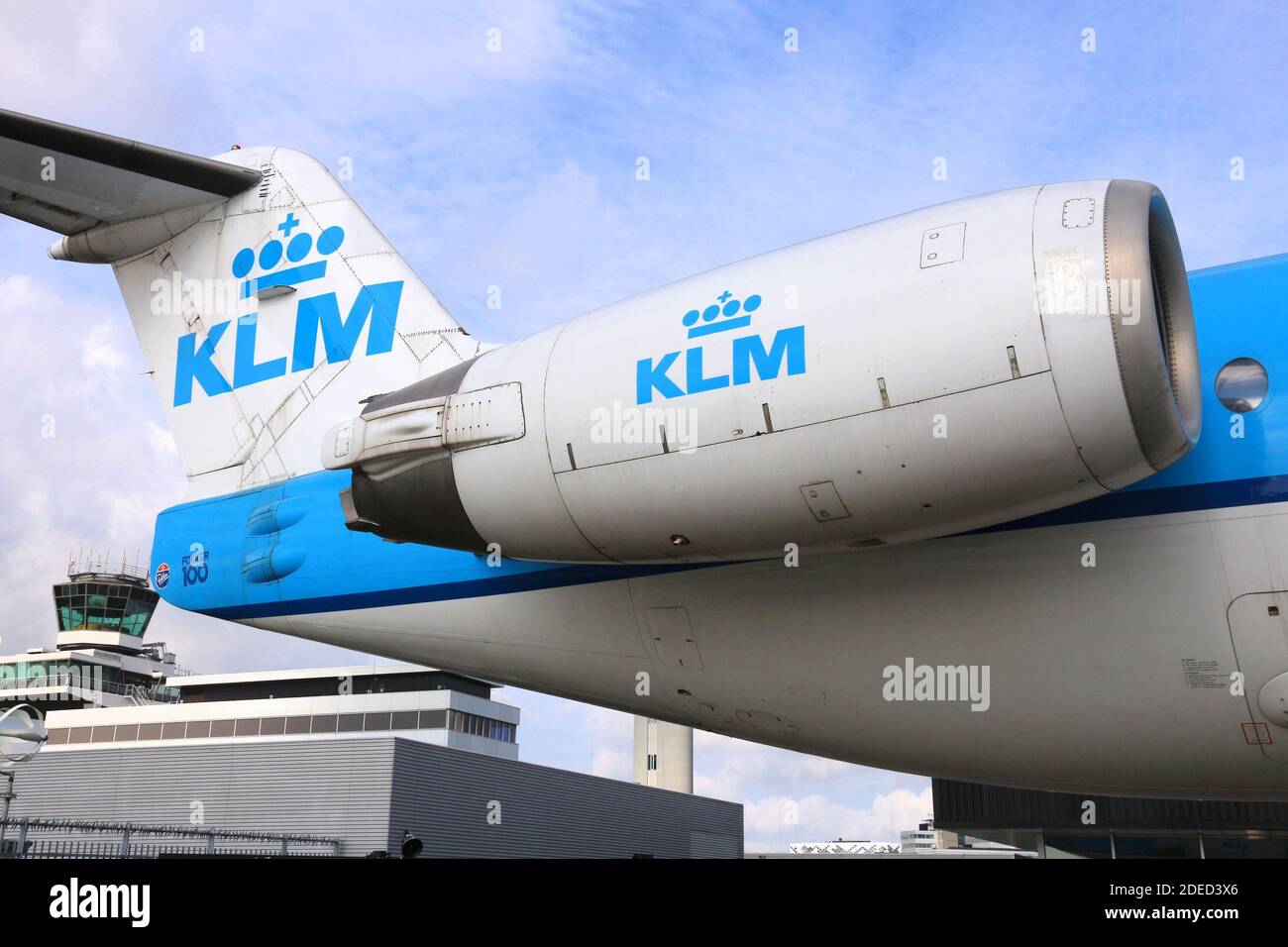 AMSTERDAM, NETHERLANDS - JULY 11, 2017: KLM Cityhopper Fokker 100 Rolls Royce engine at Schiphol Airport in Amsterdam. Stock Photo
