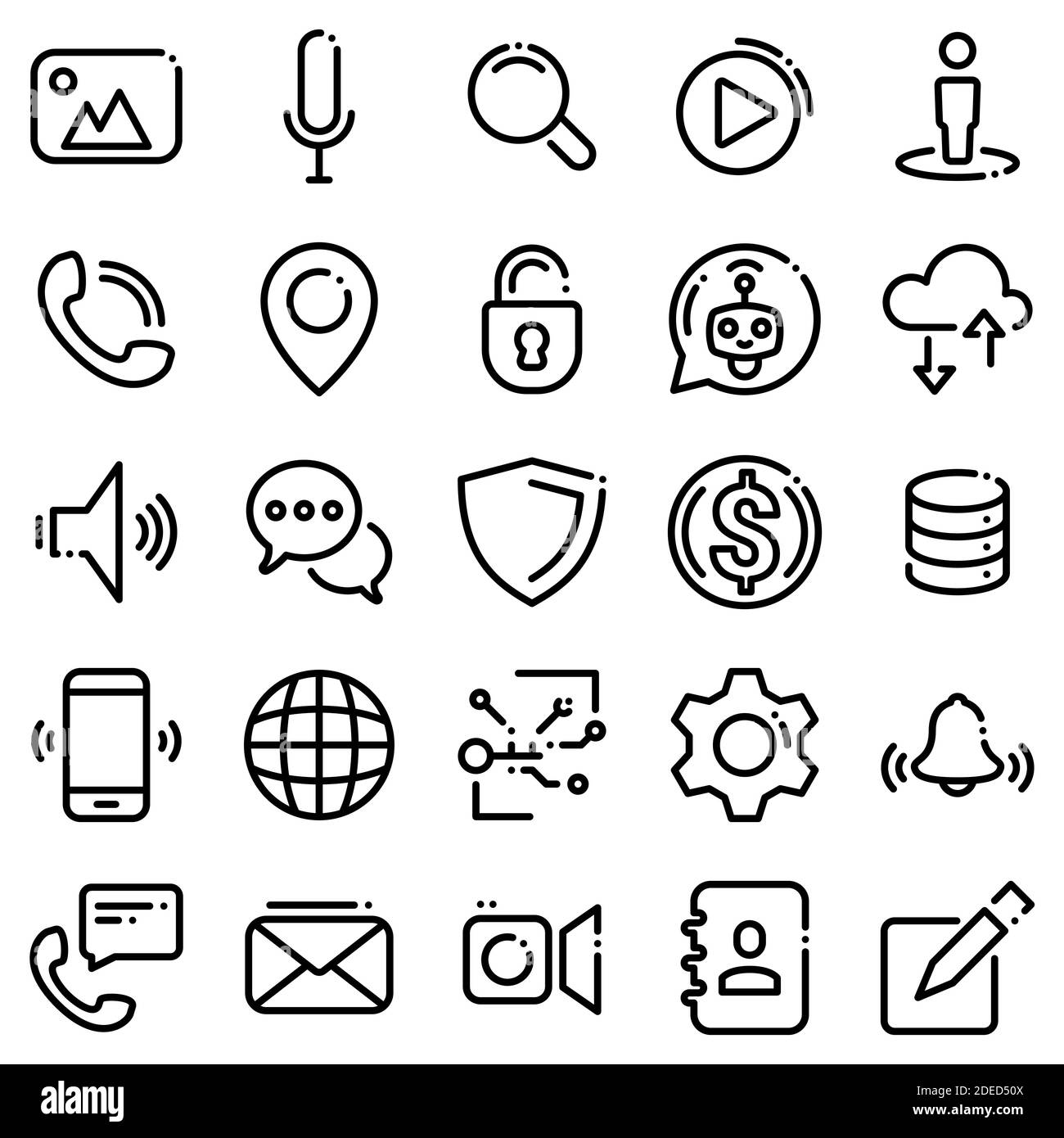 Set of black icons isolated against white background. Social and communicative icons Stock Vector