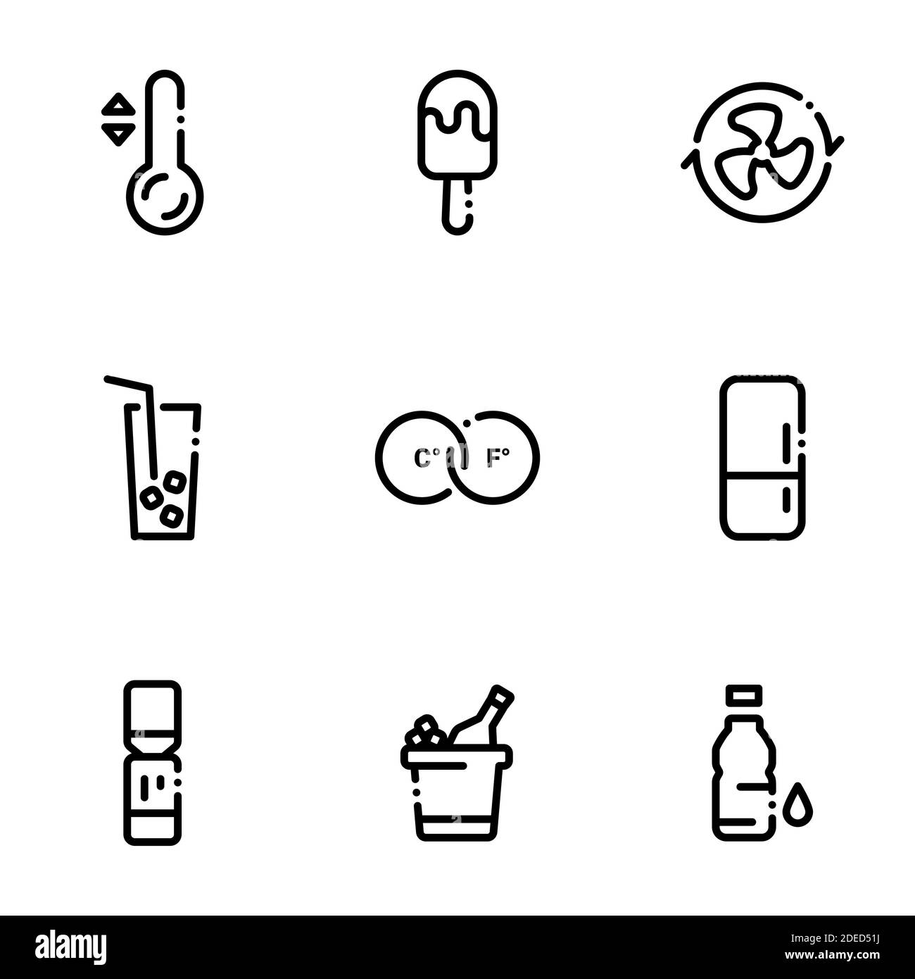 Set of black icons isolated on white background, on theme Cold drinks, ice cream and cooling systems Stock Vector