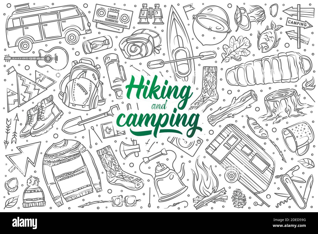 Hand drawn hiking and camping set doodle vector illustration background Stock Vector