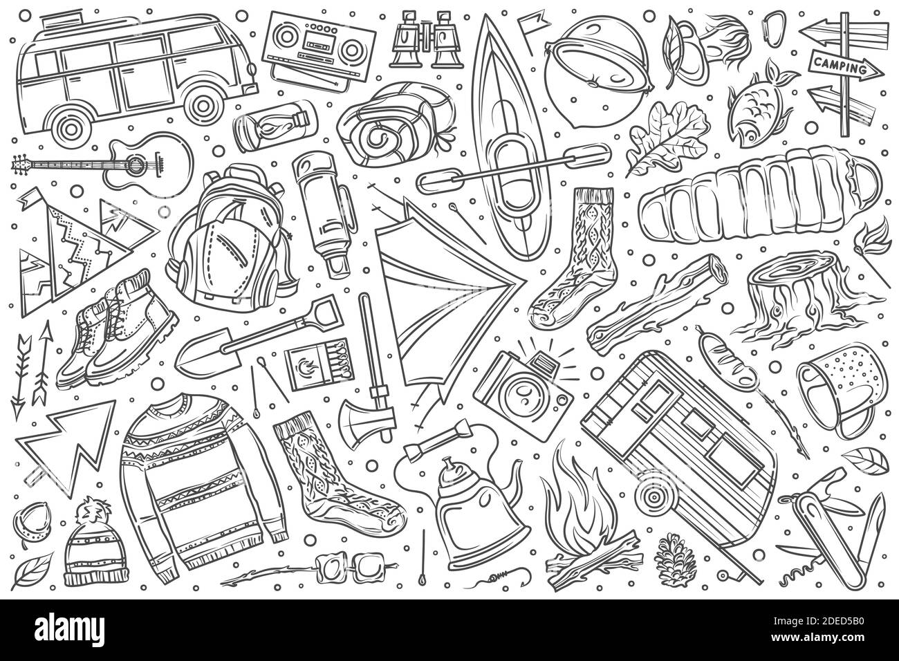 Hand drawn hiking and camping set doodle vector illustration background Stock Vector