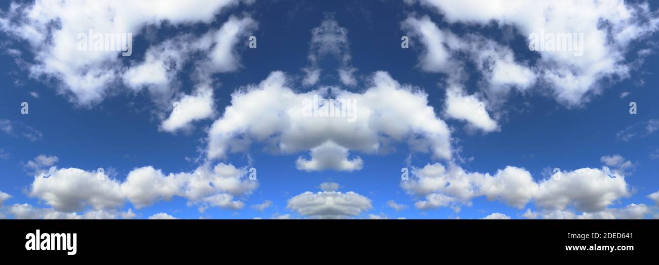 White clouds blue sky panorama background. Wide view white fluffly clouds texture. Stock Photo