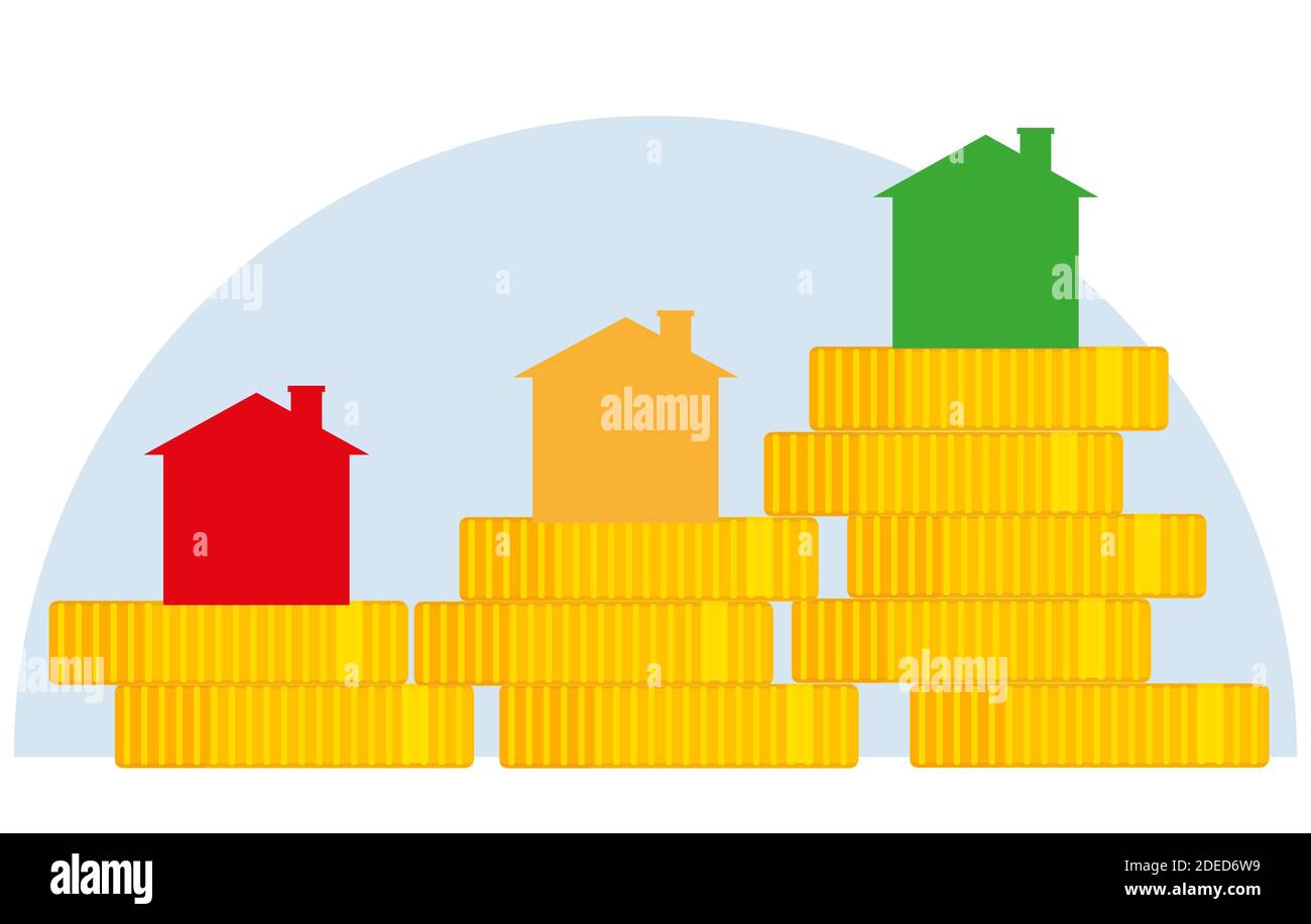 Three houses on piles of new coins vector illustration Stock Vector