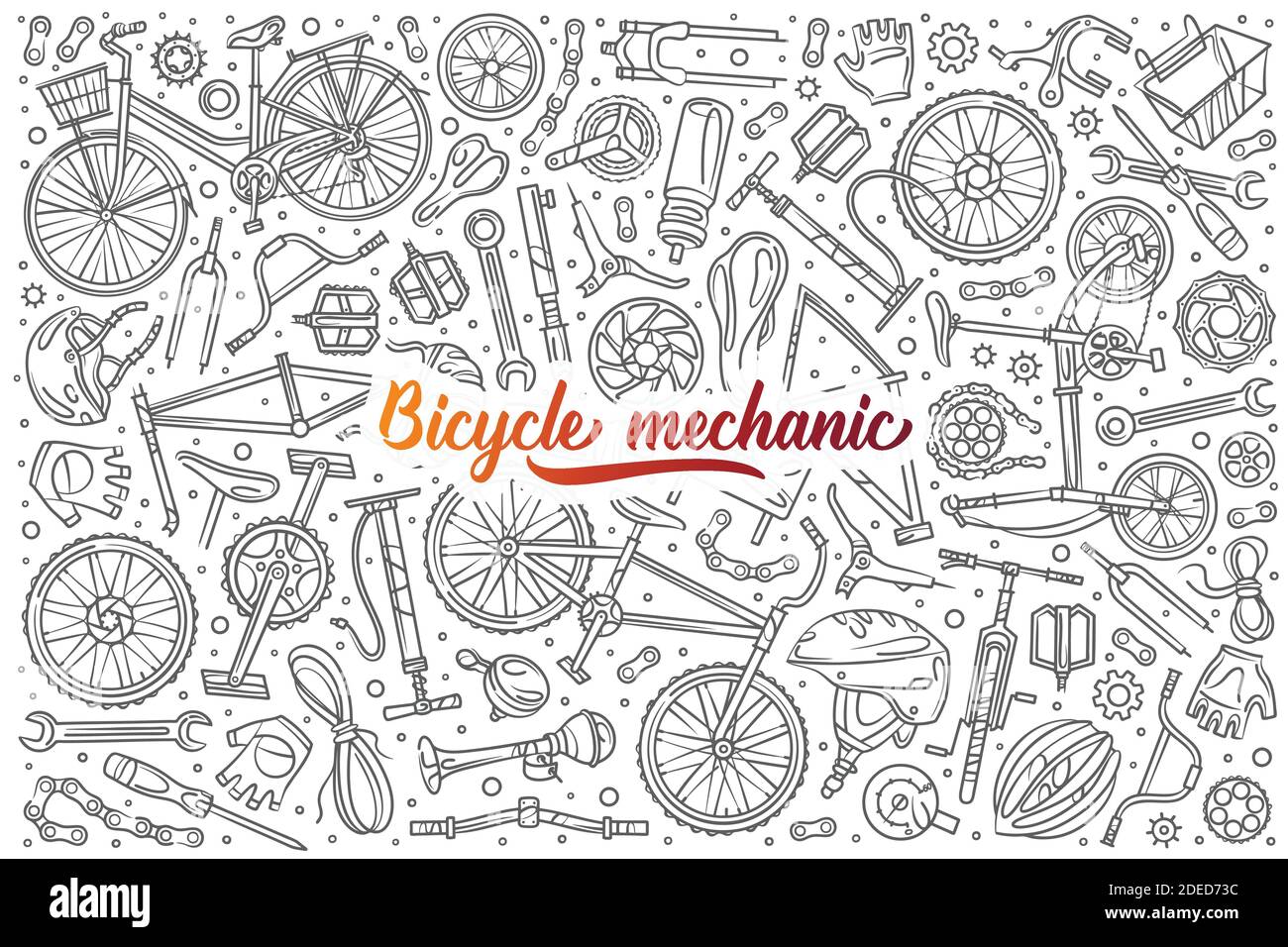 Hand drawn bicycle mechanic set doodle vector illustration background Stock Vector