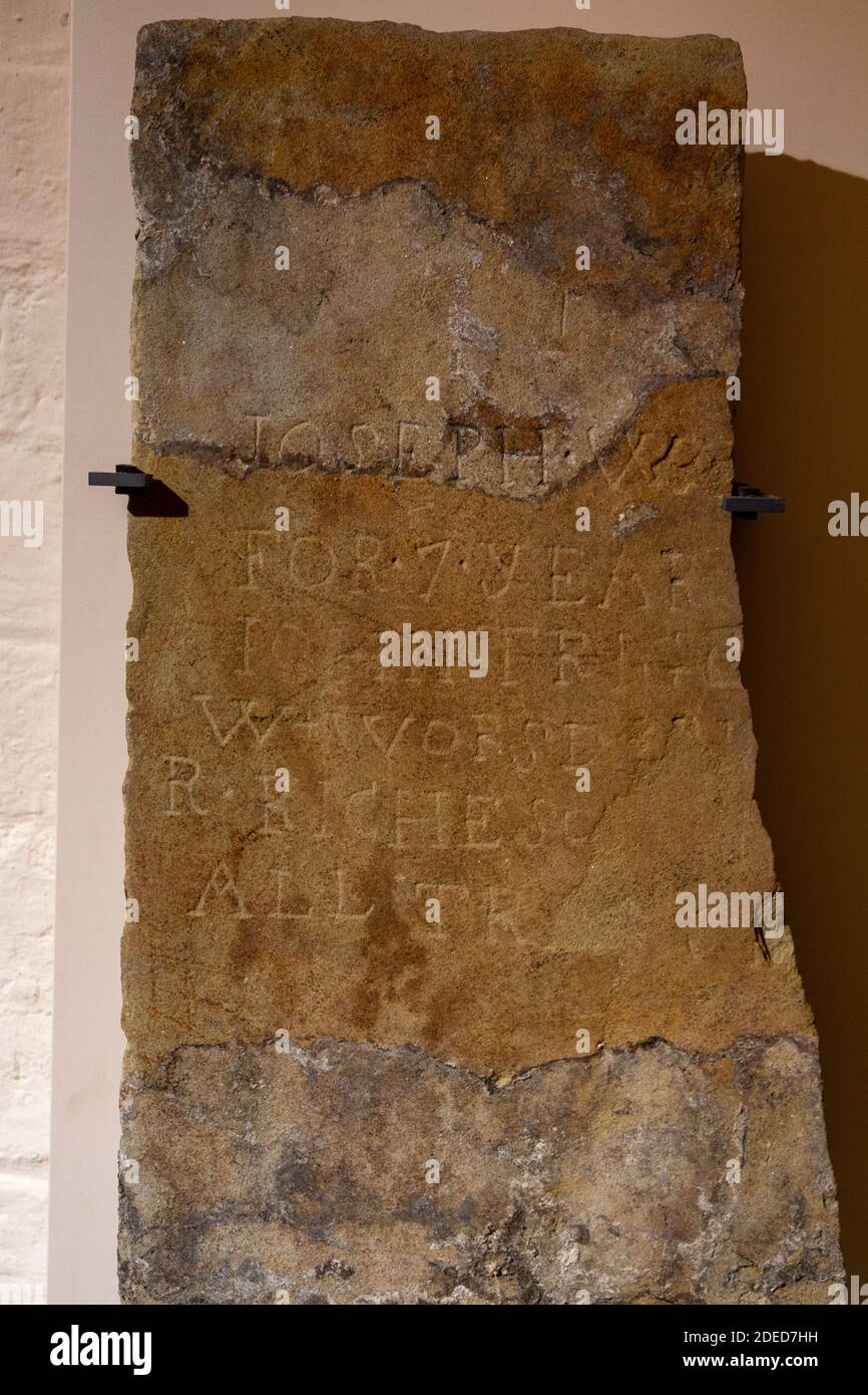 The Graffito Stone with markings from 4 priosoners about to go to Australia, inside the Victorian Prison, Lincoln Castle, Lincs., UK. Stock Photo