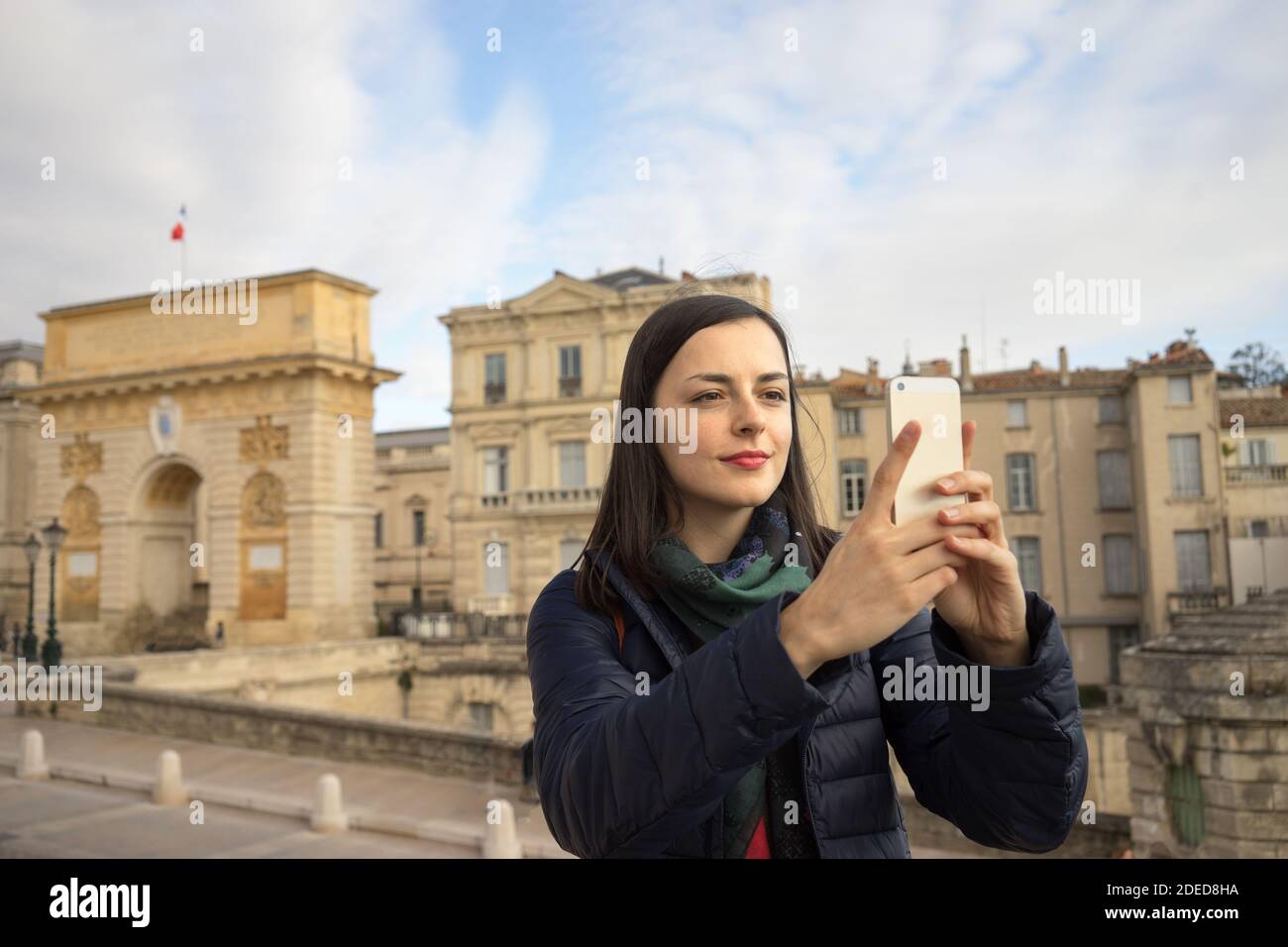 traveling woman thaking a sefie in France Stock Photo