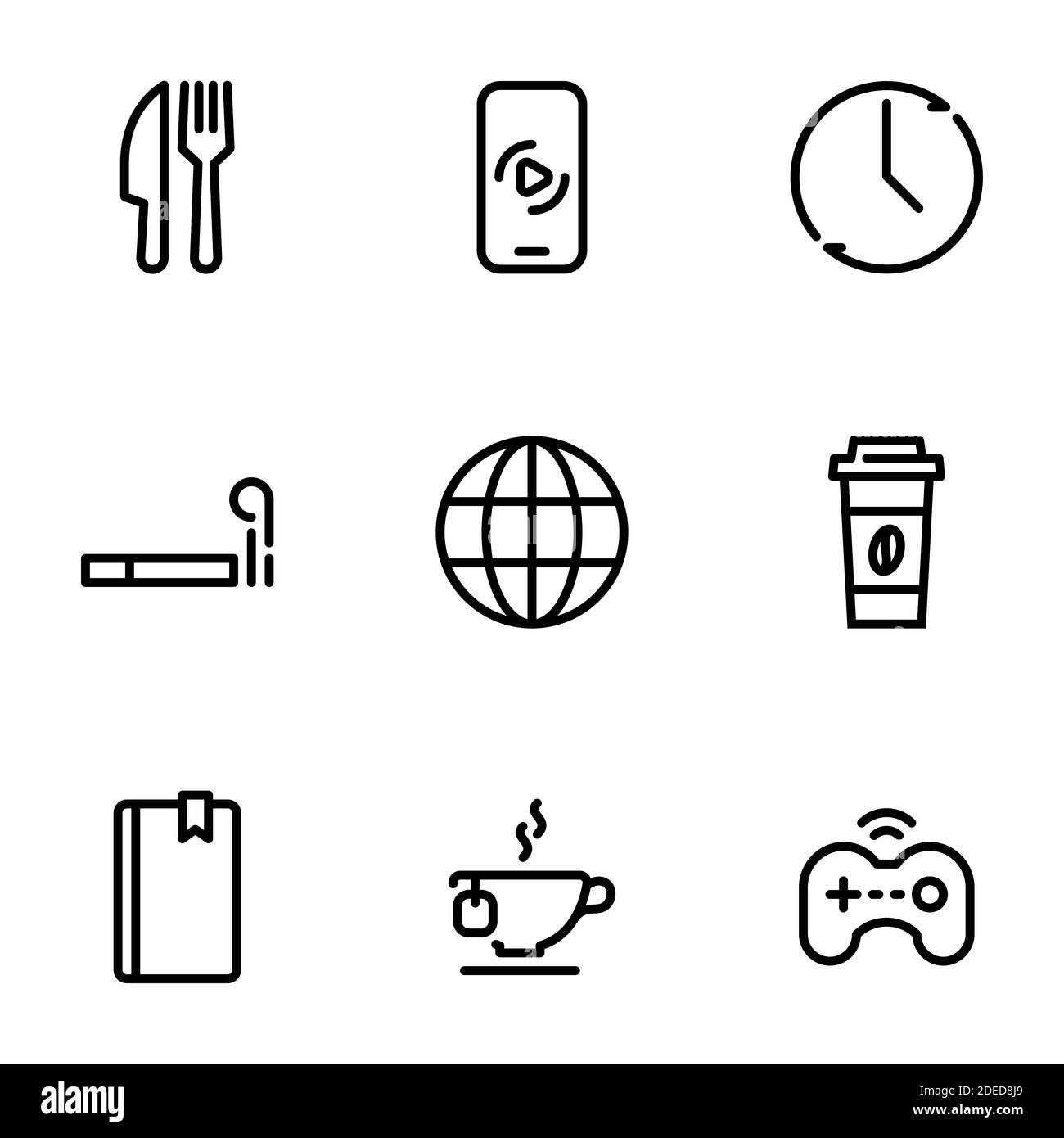 Set of black vector icons, isolated on white background, on theme Rest, break, entertainment Stock Vector