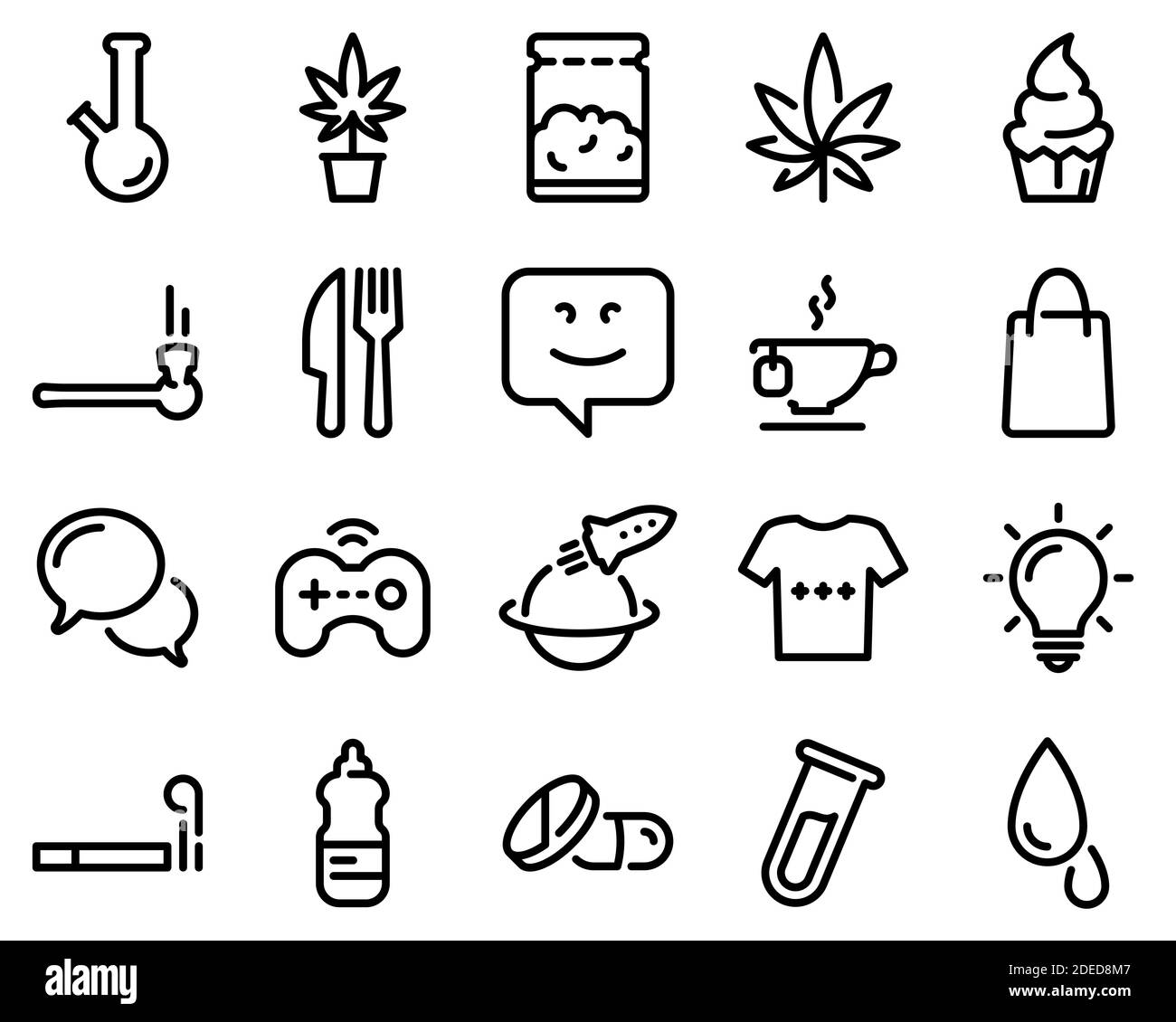 Set of black vector icons, isolated on white background, on theme Marijuana and entertainment Stock Vector