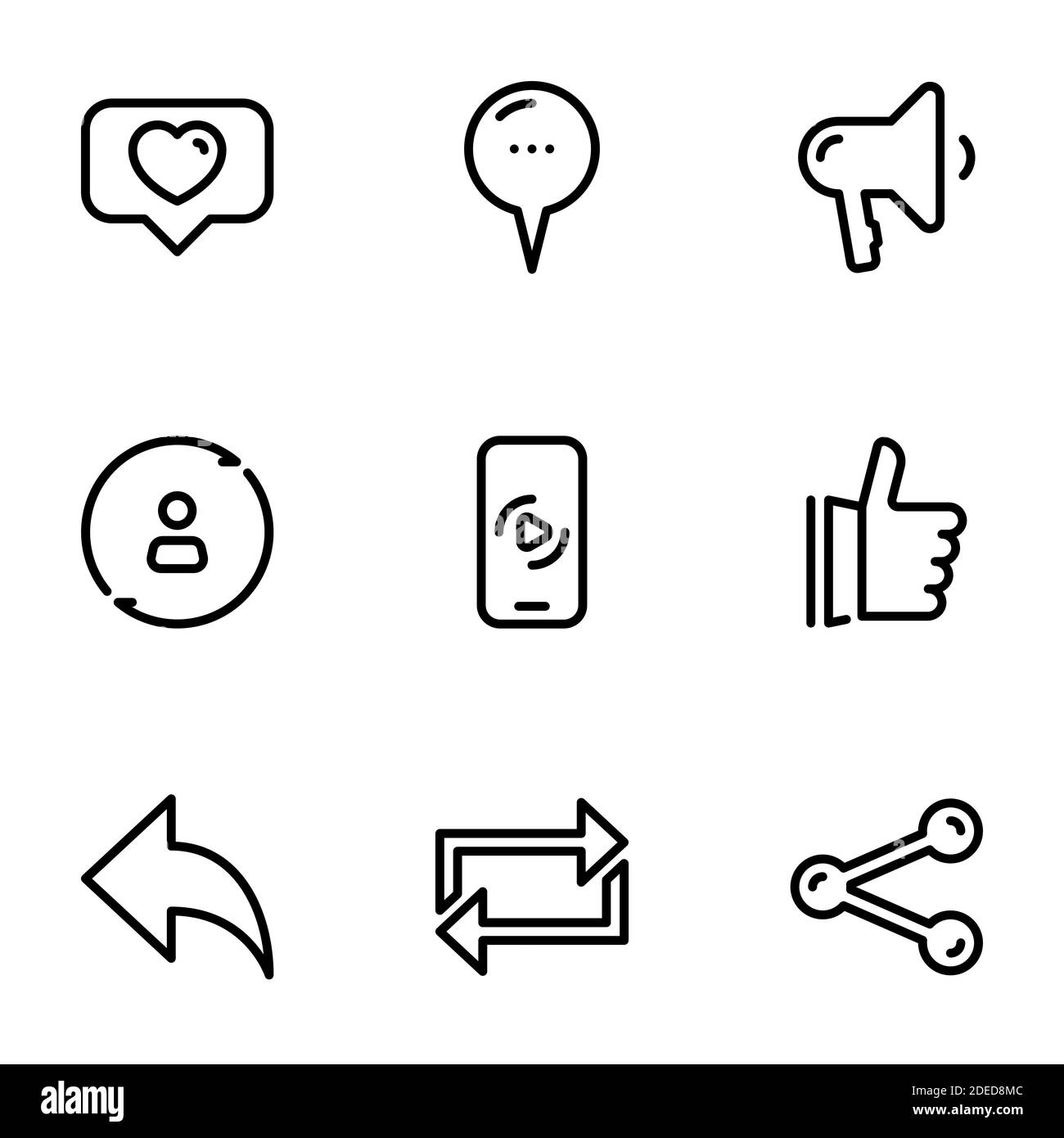 Set of black vector icons, isolated on white background, on theme Internet user interaction Stock Vector