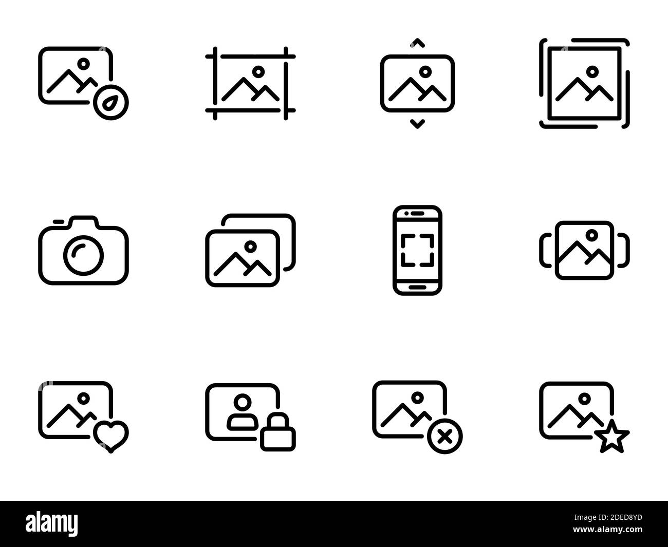 Set of black vector icons, isolated on white background, on theme Photography and social interaction. Restricting access to private data Stock Vector