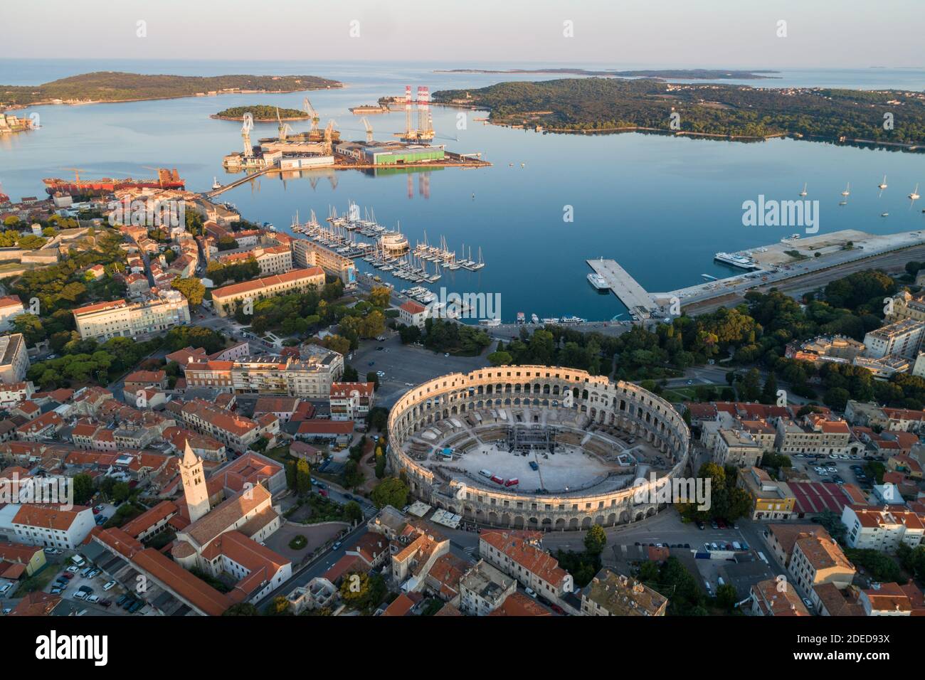 Aerial photo of Roman Colosseum in Pula, Croatia at sunrise Stock