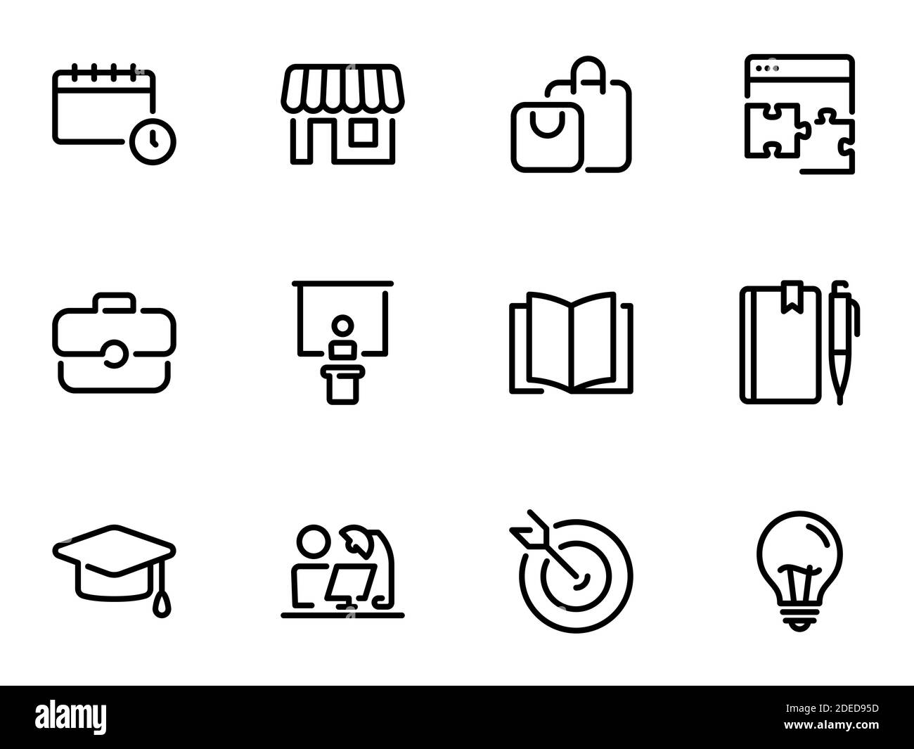 Set of black vector icons, isolated against white background. Illustration on a theme Shopping and preparation for study. Choice of profession and pur Stock Vector