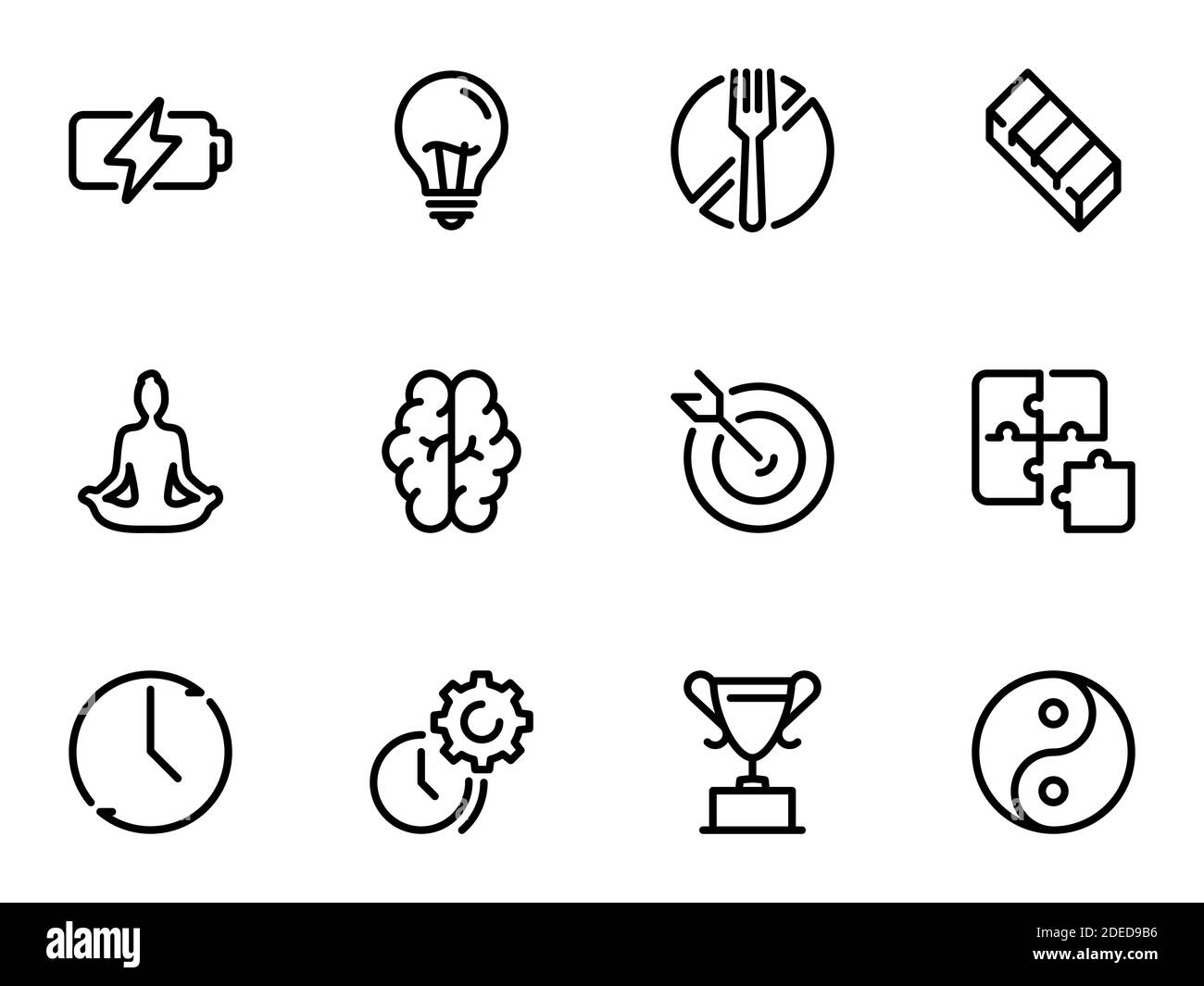 Set of black vector icons, isolated on white background, on theme Strength of will. Managing desires and time Stock Vector