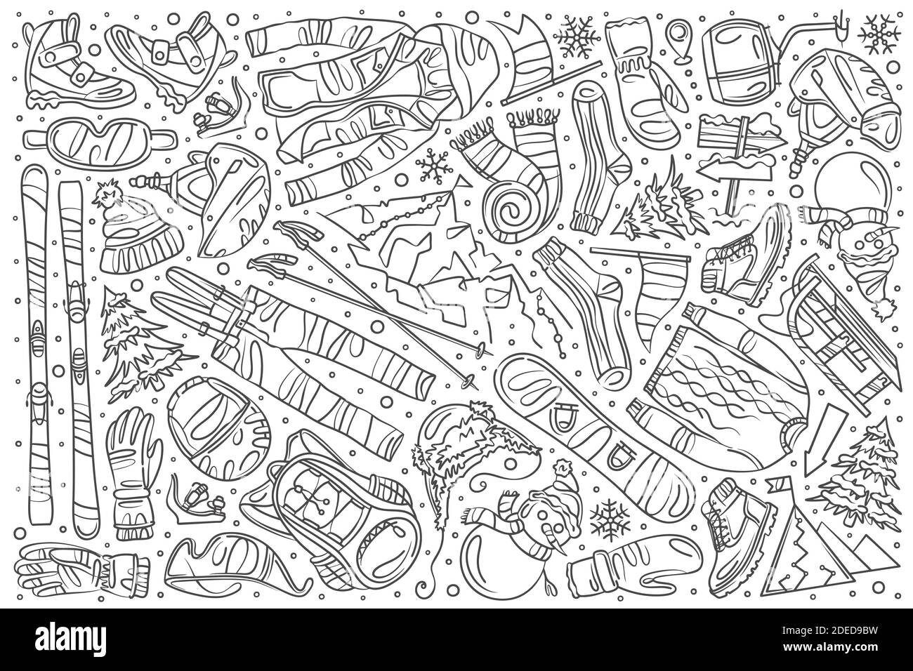 Hand drawn skiing set doodle vector illustration background Stock Vector